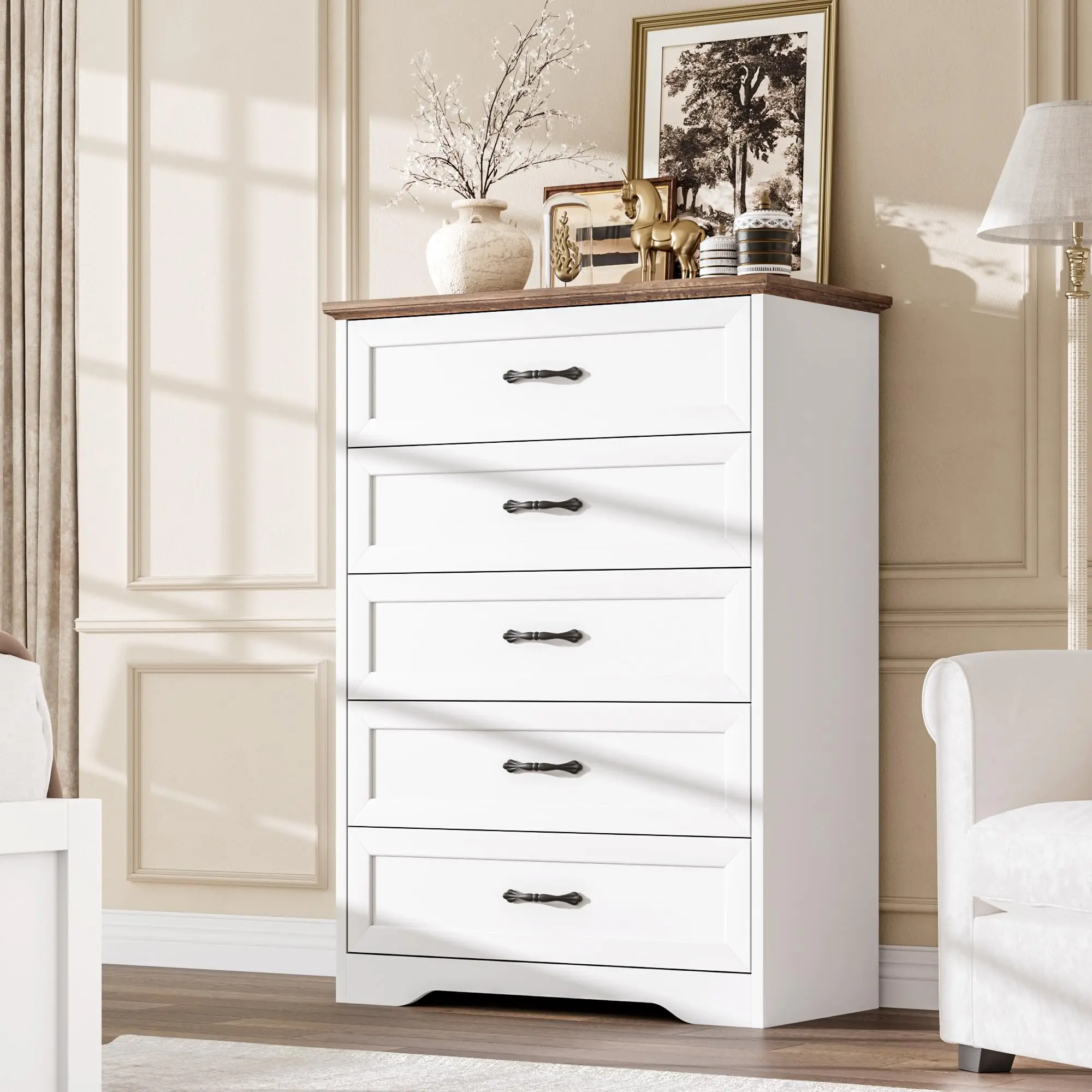 5 Drawers Dresser for Bedroom, Chest of Drawers with Wide Metal Handle, Farmhouse Modern Wooden Tall Dresser, for Bedroom, Living Room, White
