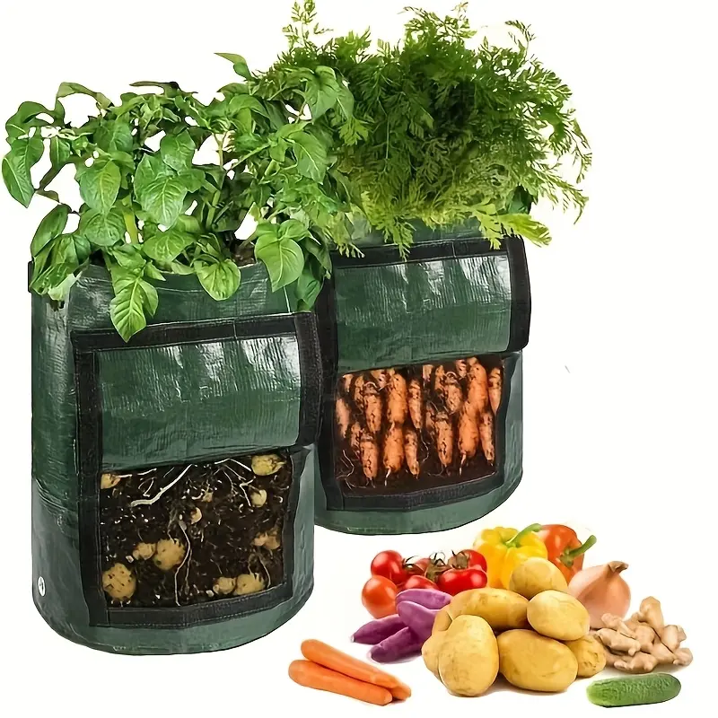 2Pcs Potato Planting Bag with Observation Hole, PE Material, Indoor and Outdoor Planting Bag, Tomato Vegetable Planting Bag, Reusable, Plant Container Planting Pot for Potato Flowers, Mushrooms, Tomatoes and Vegetables, Green, 7 gallons/10 gallons