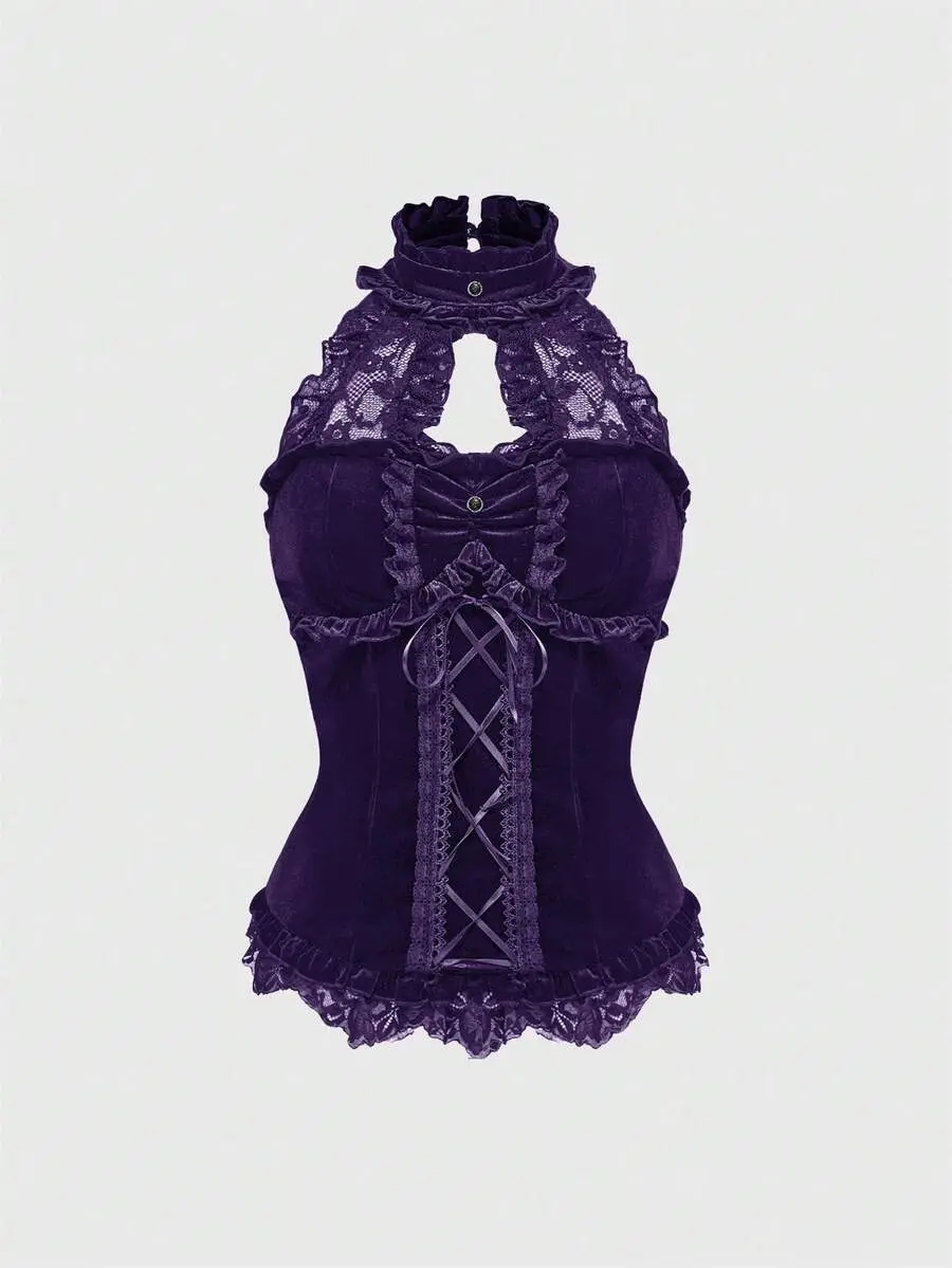 MALINDA Fairycore Goth Elegant Stand Collar Velvet & Lace Patchwork Tie-Up Waist Women Camisole
