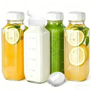 4 Pack Glass Milk Bottles with Lids and Pourer, Glass Juice Bottles with Lids, 16 Oz Reusable Glass Water Jug, Breast Milk Pitcher, Airtight Cap and Scale for Juicing Containers, Breast Milk Storage, Drinking Jar, Pitcher for Milk, Juice, and Water