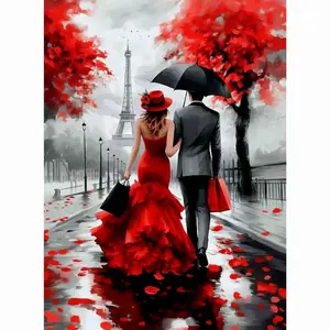 Paris Couple Eiffel Tower Red Umbrella 5D Full Drill Diamond Painting Kit Romantic Design with Shimmering Rain and Red Leaf Accents Elegant City Art Style DIY Art for Home Wall Decor Ideal Gift for Romantic Art Fans and Craft Enthusiasts