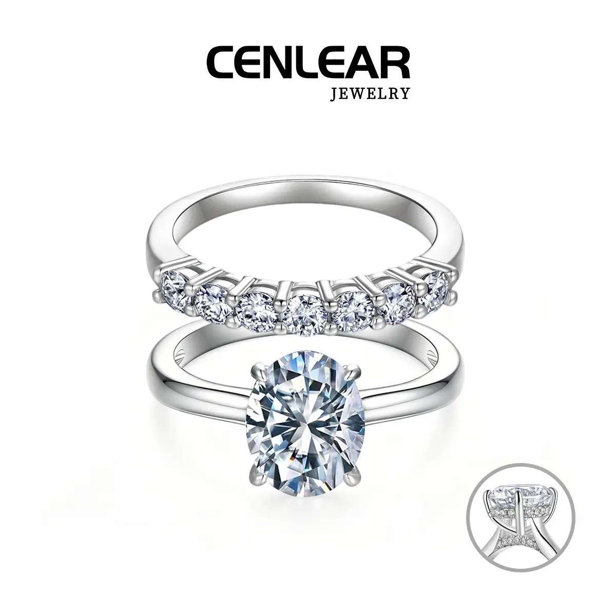 CENLEAR 18K Gold Plated Moissanite Ring Set for Women - Oval Cut Hidden Halo Engagement Ring, 2-in-1 Stacking Bridal Wedding Bands, Perfect Bridal Set & Travel Ring Dupe,Passes Diamond Tester Stunning Ring Set
