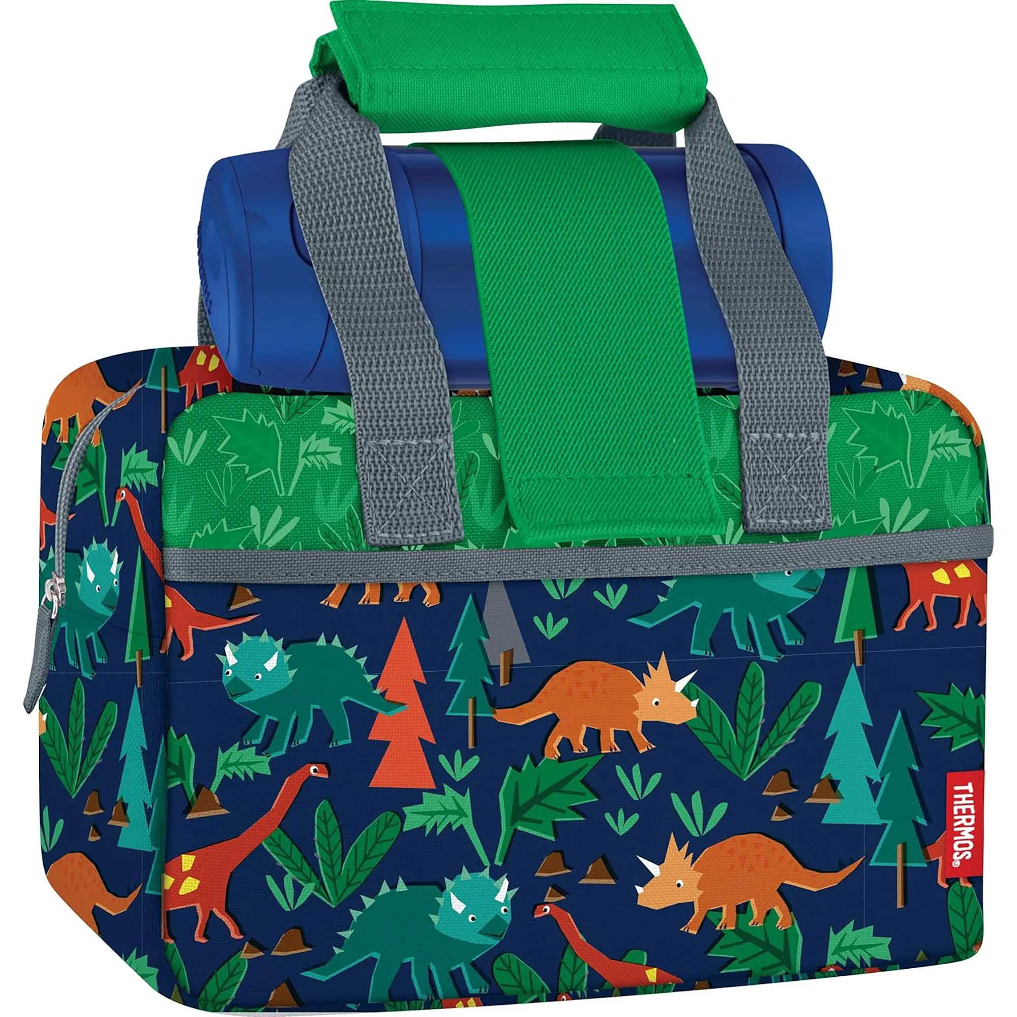 Thermos Kid's Funtainer Lunch Duffle Bag and Bottle Set - Blue, Woodland Dinosaurs Cartoon Character Pattern, Portable Carry Handle Lunchbox