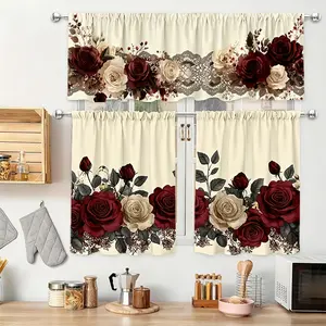 SoftHaven Home Made in USA 3 Piece 2D Flat Kitchen Curtain Set, Vintage Rose Lace Valentine's Day Design, Premium Polyester Fabric, Elegant Window Decoration for Daily & Holiday Home Styling
