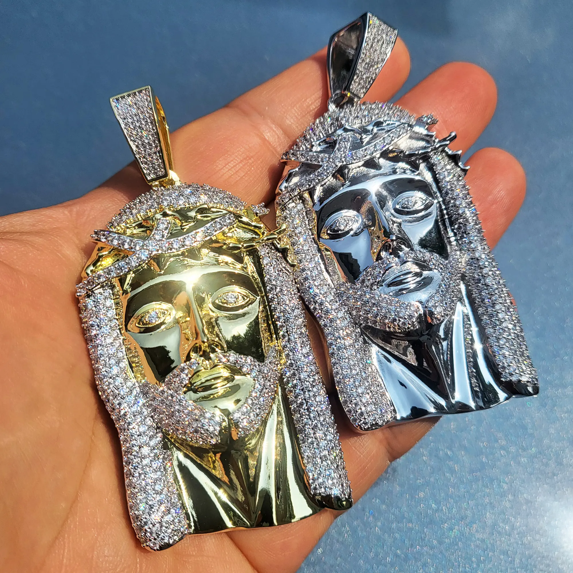MaxBling81 Iced Out Jesus Cross Pendant, Unisex Hip Hop Religious Jewelry, Gemstone Decorated Gold Plated Brass with AAA+ Simulated Diamonds