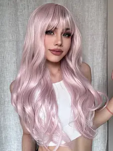 Light Pink Wig With Bangs Long Wavy Wigs for Women 28Inch Curly Wavy Wig With Bangs Natural Looking Synthetic Heat Resistant Fiber Wig for Daily Party Use