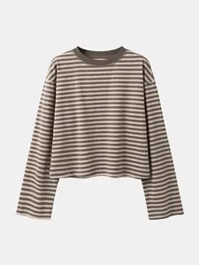 Women's Minimalist Striped Casual Long Sleeve Sweatshirt Top, Loose-Fit Kint Fabric, All Seasons Wear, Moderate Thickness