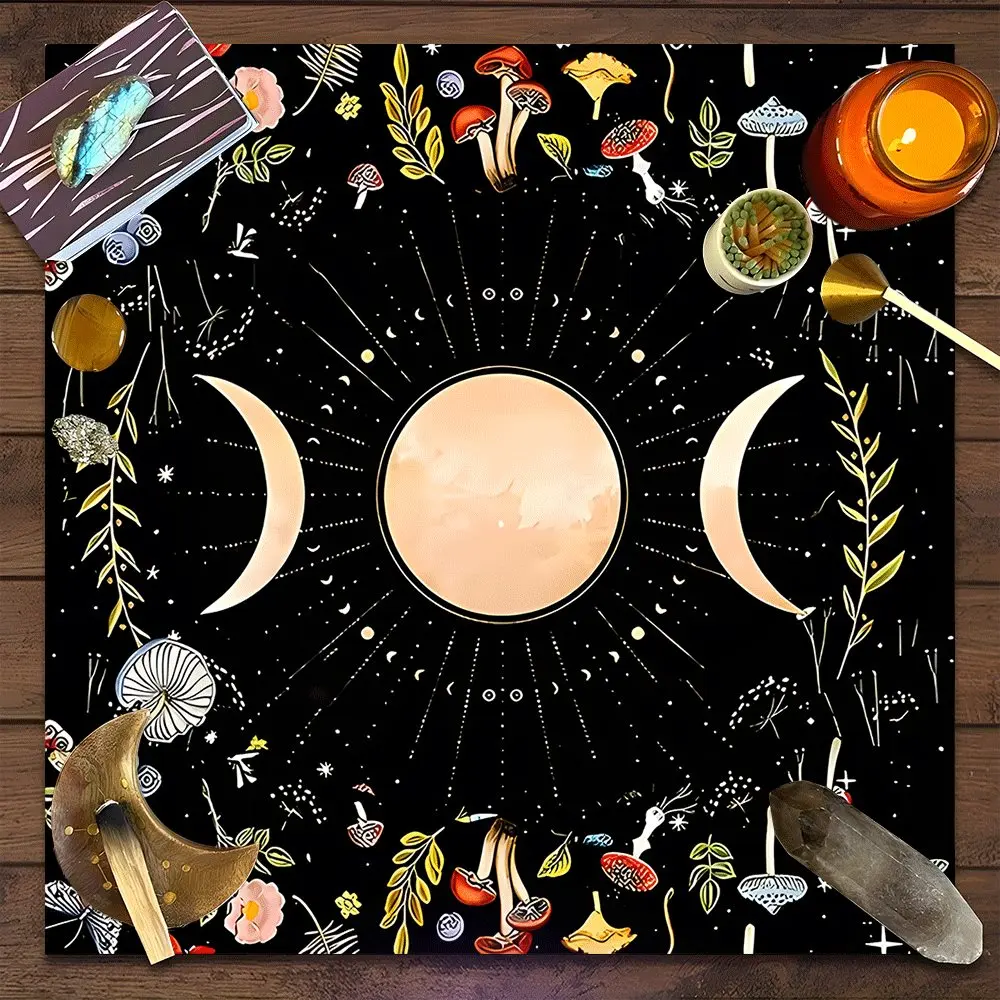 Fantasy Botanical Triple Moon Design Square Tarot Tablecloth, retro style home decor Altar Cloth Multiple Sizes Polyester Fabric, Easy to Clean and Maintain Decorative Divination Cloth for Spreads & Rituals Gift for family and friends