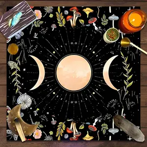 Fantasy Botanical Triple Moon Design Square Tarot Tablecloth, retro style home decor Altar Cloth Multiple Sizes Polyester Fabric, Easy to Clean and Maintain Decorative Divination Cloth for Spreads & Rituals Gift for family and friends