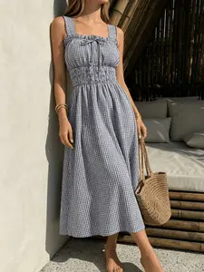 Elegant Casual Plaid Midi Dress, Ruffle Wide Straps Square Neck, Gathered Tie Waist, A-Line Shape, Beach & Streetwear Style
