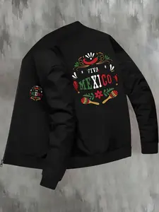 Men's Fashion Casual Jacket, Viva Mexico Print, Slim Fit, Knit Fabric, Polyester, Stand Collar, Pockets, Fall/winter, Sporty Style