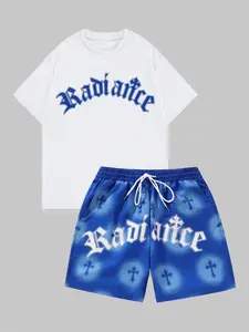 Men's Letter Print Tee & Cross Print Shorts Pajama Two-piece Set Pjs, Regular Fit Casual Comfy Round Neck Short Sleeve T-shirt & Shorts Pajama Set, Men's Loungewear Sleepwear Nightwear Outfit for Summer