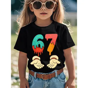 Girls' 67 Number & Ice Cream Graphic T-Shirt - Cute 67th Birthday Party Outfit, Casual Round Neck Summer Top with Number 67 & Ice Cream Drip Design, Comfortable Knit Fabric for Casual Attire, Birthday Party Clothes for Girls (Age 6-7) - Trendy 'tree