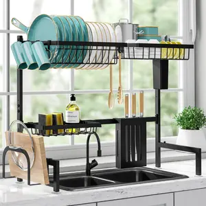 Dish Drying Rack, Large Over The Sink Dish Drainer Drying Rack (26.8" to 33.9" W), Large Capacity Stainless Steel Dish Rack, Multifunctional Kitchen Organizers and Storage Rack, Black