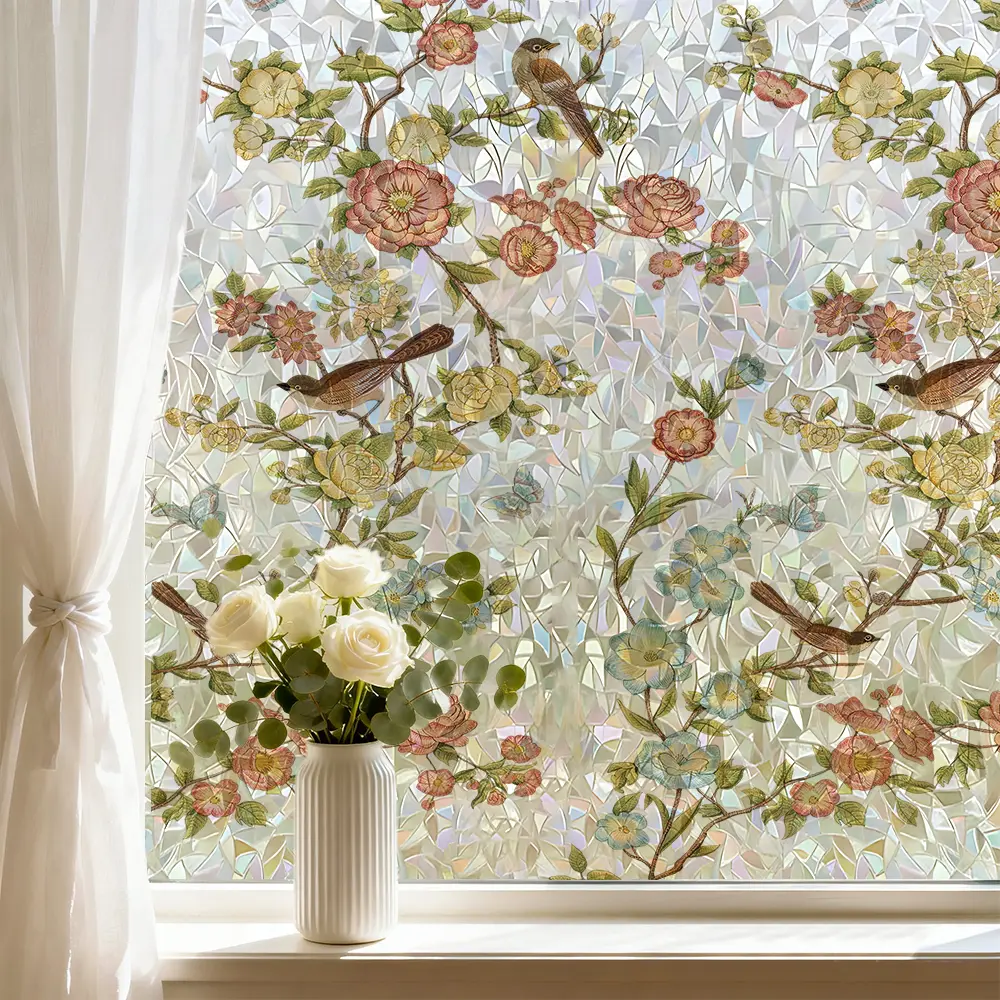1 Roll Static Cling Iridescent Floral Window Film - Decorative, Light-Filtering Indoor Privacy Film in Roll Form, Removable Flower Sticker for Home Decor, Natural Light Preservation, Living Room & Kitchen Sliding Doors