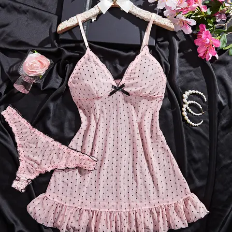 AgeRose Women's 2-Piece Cute Dot Print Breathable Light Knit Poly Fabric Pj Sets, Loose Fit All-Seasons Loungewear Nightwear with Ruffled Hem, Chic Soft Lingerie