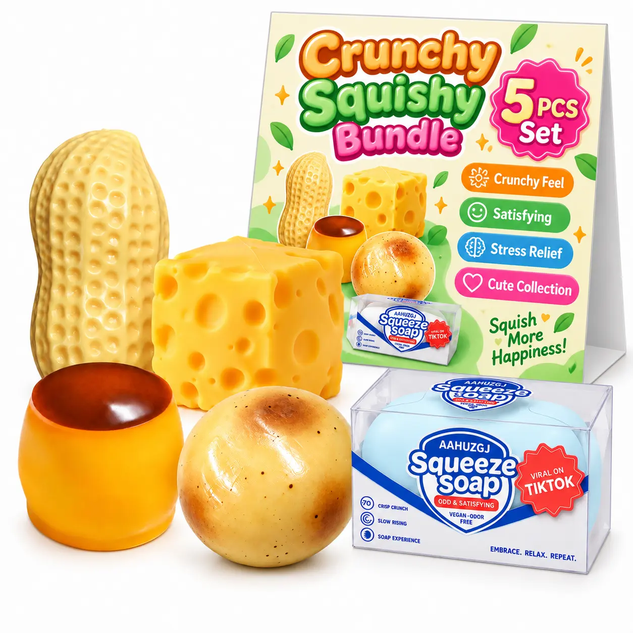 1/5-Pack Crunchy Squishy Stress Balls Set - Stress Ball Squishies, Collectible Squishies with Peanut,Groovy Gift,Potato, Green Cube, Pudding, Soap Shapes, Portable Desk Toys, Whimsical Gifts for Teens, Toys for Grown Ups, Party Favors
