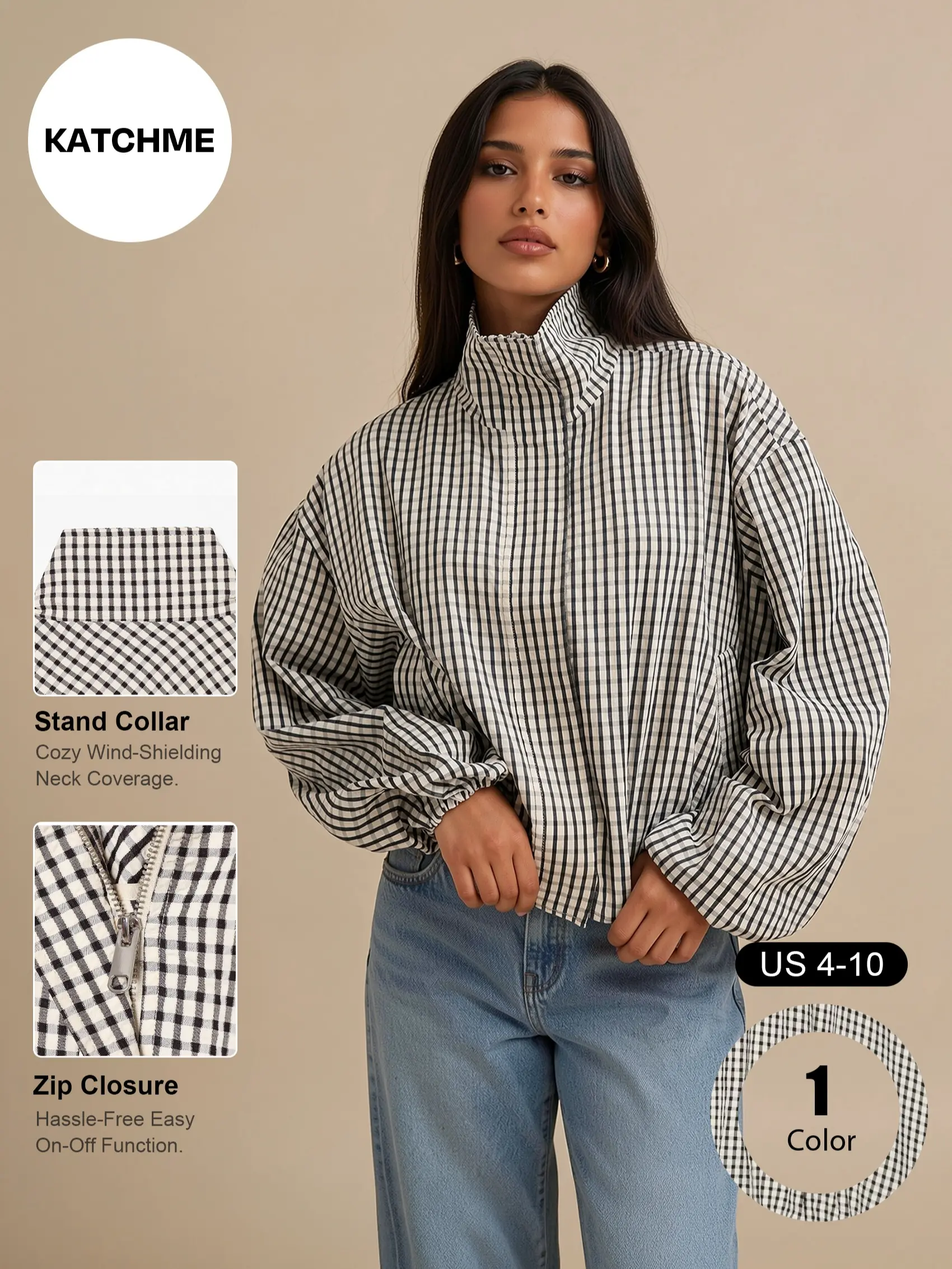 Katch Me Chic Women's Versatile Plaid Stand Collar Zip-Up Jacket, Lightweight Side Pocket Long Sleeve Bomber Jacket, Soft Skin-Friendly Checked Loose Outerwear #TikTokMadeMeBuyIt #ComfyOutfit #CasualStreetwear