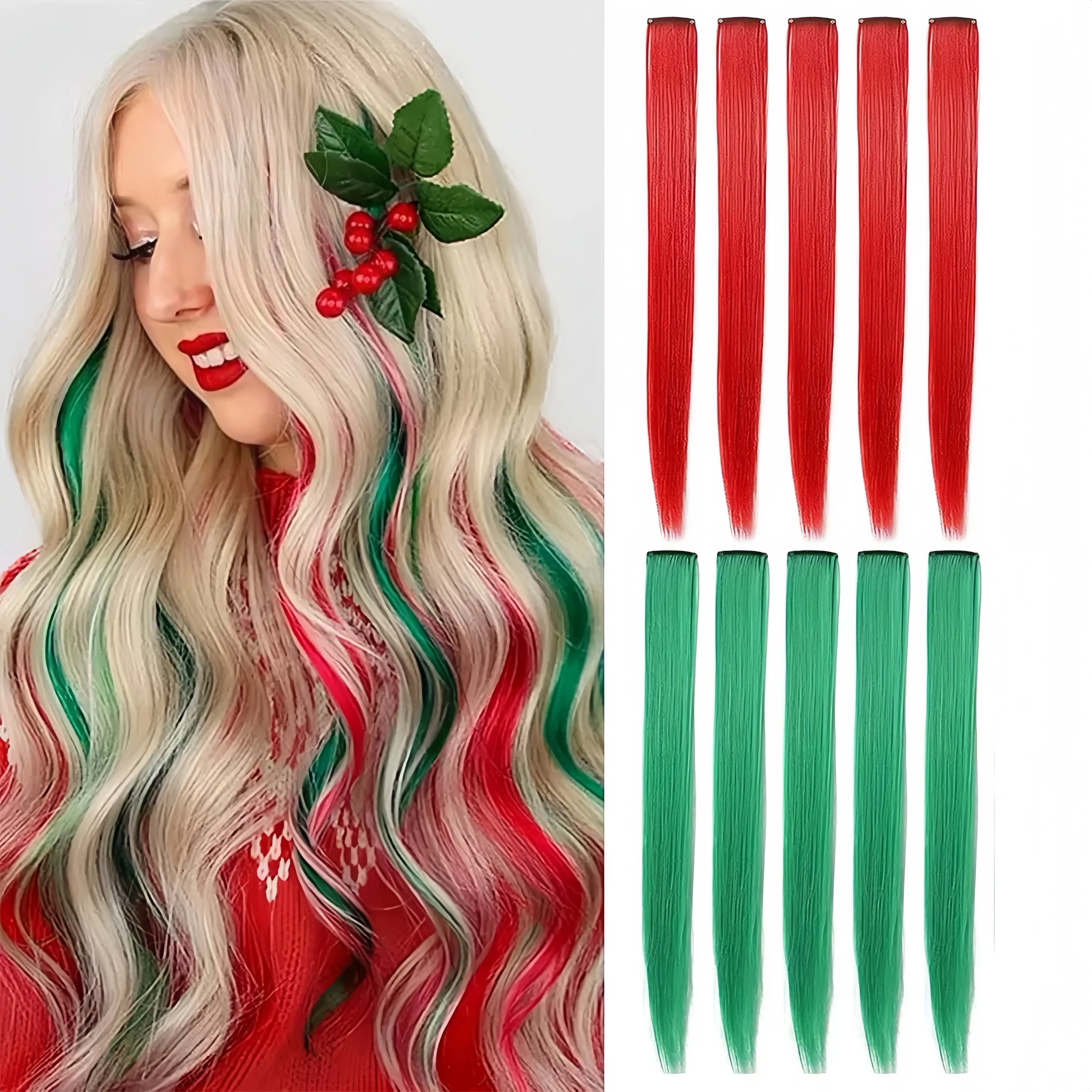10Pcs Straight Clip In Hair Extensions, Red Green Christmas Highlight Hair Streaks, Heat Resistant Synthetic Fiber Clip-On Hair Pieces for Holiday Party Cosplay & Festive Looks
