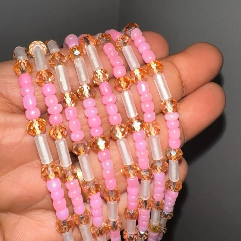 Glow in the Dark Pink Handmade Waistbeads with Sparkling Orange Crystals and Clear Beads for Stylish Outfits