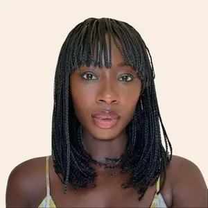 Box Braid Wig Synthetic Short Bob Wig Box Braided Wig with Bangs Cornrow Braided Wigs for Black Women Daily Use