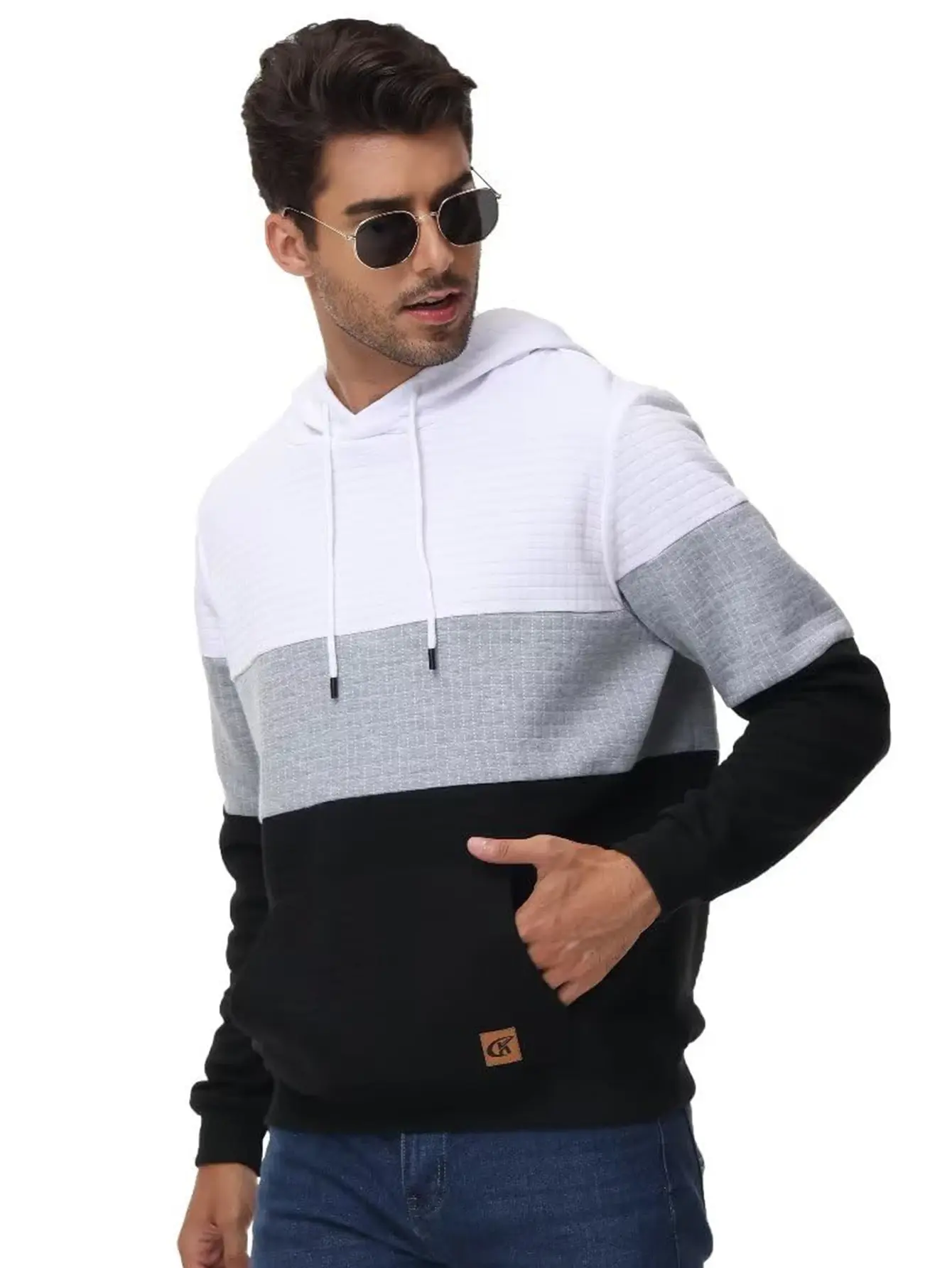 Men's Ribbed Athletic Pullover Hoodie - Stylish Casual Plaid Jacquard Long-Sleeve Sweatshirt Top with Drawstring, Kangaroo Pocket for Husband's Daily Wear, Mens Activewear Top