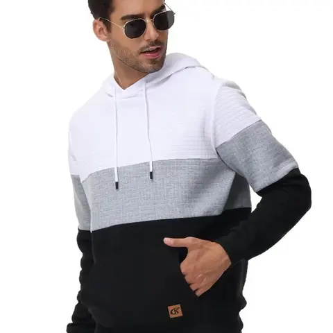 Men's Cozy Ribbed Polyester Athletic Pullover Hoodie - 1pack Stylish Streetwear Sweatshirt, Plaid Jacquard Long-Sleeve Top with Drawstring, Kangaroo Pocket for Daily Activewear