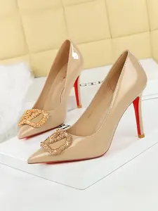 Women's French Style, Open Toe Fashion Shoes with Rhinestones & Metal Buckle, Slip-On PU Leather Single Shoe, High Heel Pumps