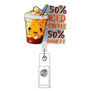 Cute Coffee Cup Design Badge Holder, Iced Coffee Badge, 1 Count Retractable Badge Reel, ID Holder for Nurses, Doctors, Nursing Students, Students & Office Staff