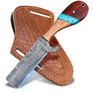 Handmade Damascus Hunting Knife, 8" Fixed Blade Knife with Sheath, Full Tang Cowboy Knife, Skinning Knife, EDC Bull Cutter Knife for Outdoor Camping
