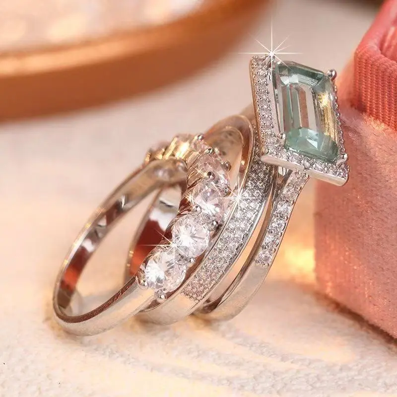 Unisex 3Pcs Stackable Geometric-Shaped CZ Rings - Silver-Plated Retro Statement Rings, Graduation Father's Day Gift, Geometric-Shaped Rings Iced Out Zircon Sparkling Zircon Inlay