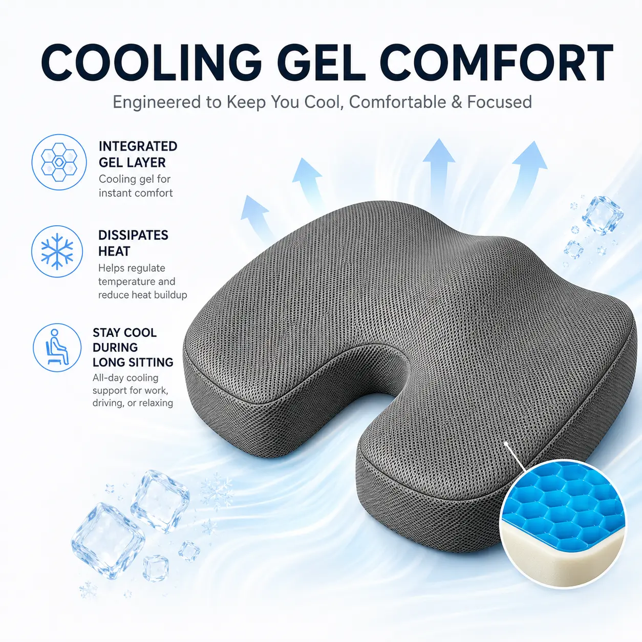 Car Seat Cushion for Driving, Memory Foam Gel Seat Cushion with U-Shaped Tailbone Support, Ergonomic Car Cushion for Long Drives, Breathable 3D Mesh Cover, Comfortable Seat Pad for Sedan, SUV, Truck, Office Chair & Daily Use
