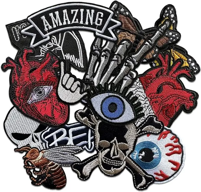 Dark Embroidered Applique Iron On Patches for Clothing, Rock Band Patches for Jackets, Cool Sew Patch for Backpacks, Jeans, Hats, DIY Accessories (Dark1 14 PCS)