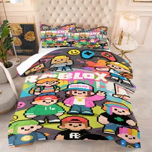 Roblox Pixel Robot Pattern Quilt, American Graffiti Style, Perfect for Young Adults and Kids' Bedroom Decor, Includes 1 Quilt and 1-2 Pillowcases