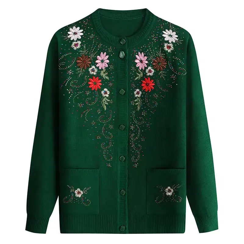 Women’s Floral Embroidered Button-Up Knit Cardigan Sweater – Long Sleeve Crew Neck Lightweight Jacket with Pockets