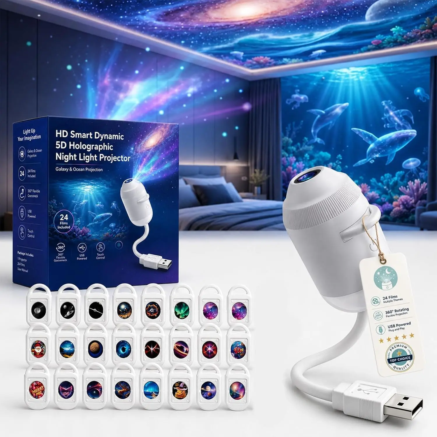 Hd Smart Dynamic 5d Holographic Night Light Projector, Plug and Play r 360° Adjustable Hd Galaxy and Ocean Projector for Bedroom Ceiling