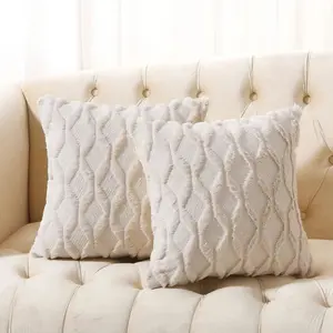 Pack of 2 Faux Wool Throw Pillow Covers 20x20 Inches Decorative Farmhouse Velvet Couch Pillow Case Soft Plush Square Boho Cushion Pillowcase, Embroidery, Geometric, Home