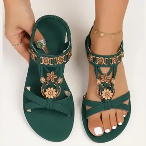 Women's Summer Fashionable Bohemian Sandals, Boho Black Ankle Strap Shoes, Versatile Footwear for Women & Girls, Casual Trendy Sandals, Lightweight Strappy Flat Sandals, Comfortable Ankle Strap Flats for Beach Vacation
