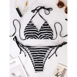 Two Piece Set Triangle Bandage Female Beachwear Summer Sexy Black And White Striped Bikini Swimsuit Beach Women's Style Bikini