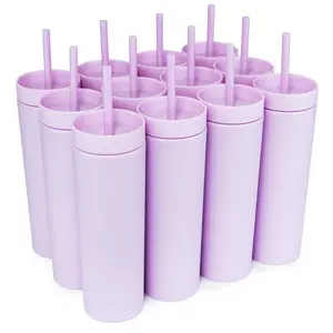 12 Blank Lilac Skinny Tumblers 16oz Colored Pastel Acrylic Matte Plastic Cups in Bulk w/Lids, Straws, Cleaning Brush! DIY Customizable - Tumbler for sublimation, Blank Sublimation Tumbler, Blank Tumbler, Tumbler Gifts