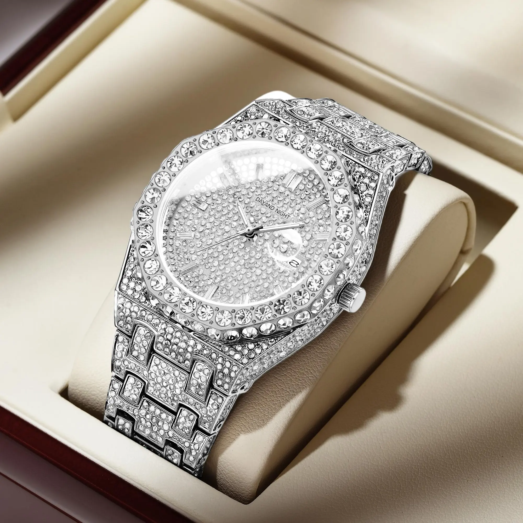Dayand Night Women's Luxury Moissanite Quartz Watch - 42mm Round Full Diamond Dial, 30m Waterproof, Sleek, Feminine, Fashionable Waterproof Watch, Versatile Business-Casual Women's Accessories, Ideal for Daily/Business Wear, Valentine's Day Gift