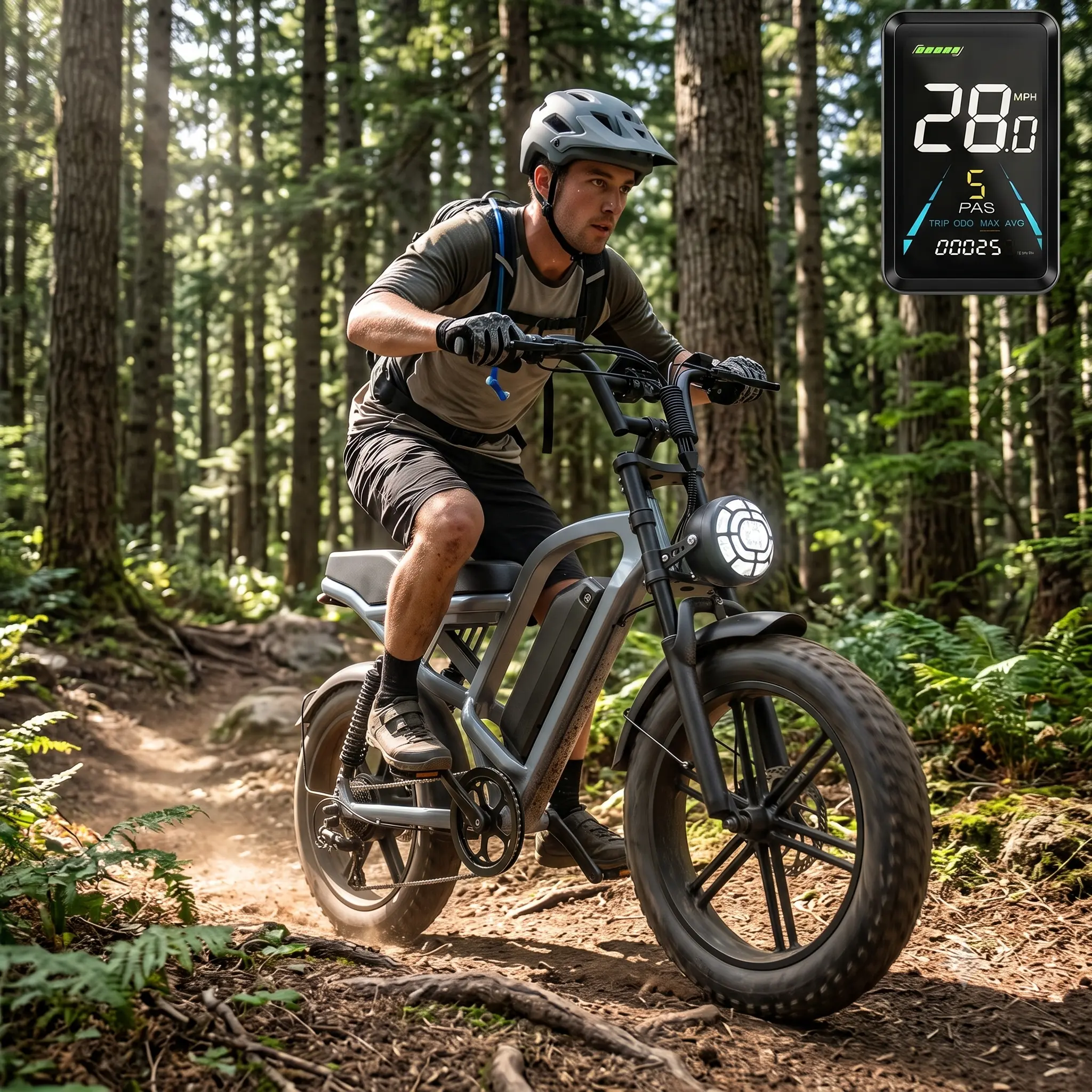 GT50 Adult Electric Bike, 1500W Peak Power, 20x4.0 Fat Tires, 48V 15.6Ah Removable Battery, Up to 28MPH Speed, 47-mi Max Range, 7-Speed, Hydraulic Brakes, Full Suspension, Dual LED Headlights