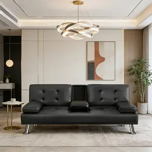 Modern Faux Leather Convertible Futon Sofa Bed, Adjustable Recliner Couch with 2 Cup Holders, Foldable Sleeper Sofa for Living Room, Apartment, Small Space