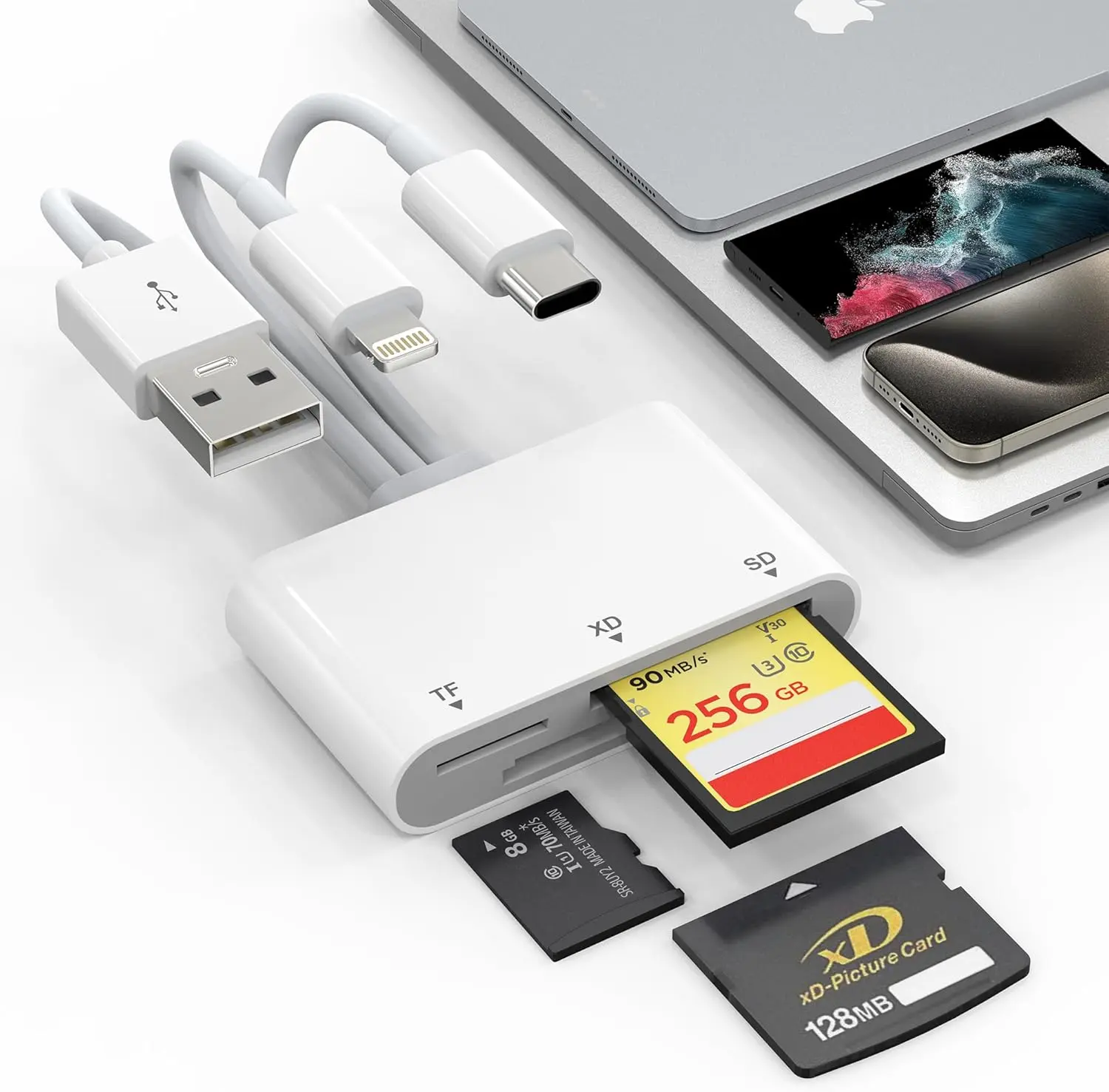 3-in-1 XD/SD/TF Picture Card Reader with 3-in-1 Compatibility, Data Transfer - Lightning, USB A, USB C Adapter for Multiple Devices, Accessing Pictures, iPhone 16/15/14/13, iPad, PC, Android Users