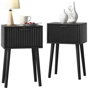 Nightstands Set of 2, Small Side Table, Bedside Table with Fluted Door, Solid  ; Modern Mid-Century End Table for Bedroom, Small Space (Black)
