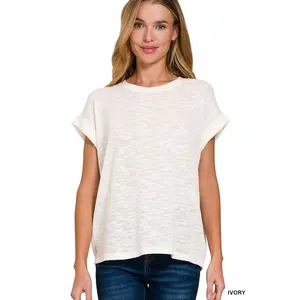 Zenana Hacci Slub Rolled Up Sleeve Tee
