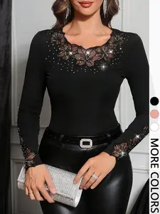 Elegant Aesthetic Lace Embroidered Long Sleeve Top, Floral Stitched Collar Slim Fit, Stretchy Bodycon, Commuter Date Party for Women, Lady