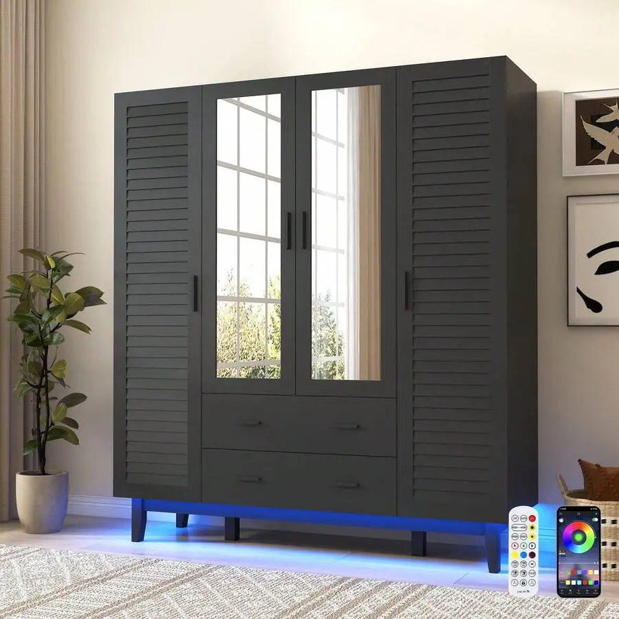 Sturdy All-Black MDF Wood Armoire Wardrobe Closet Cabinet - 2/3/4-Door Louver Sliding Doors, 4-Compartment Storage, Drawer Organizer, USB-Powered LED Lights, Multi-Tier Shelves, Hanging Rod, Bedroom Indoor Furniture