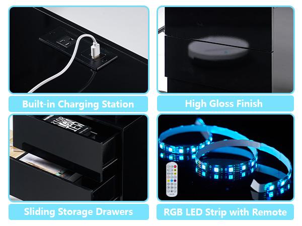 AMERLIFE High Gloss LED Nightstand Set of 2 with Charging Station, Modern Bedside Table Night Stand with LED Lights, Sofa End Side Tables with Drawers/Best Gift Ideas/Christmas Gifts