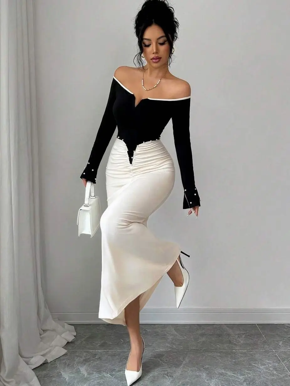 Elegant Women's Knit Long Sleeve Open Shoulder Ruched Dress With Faux Pearl Details Spring